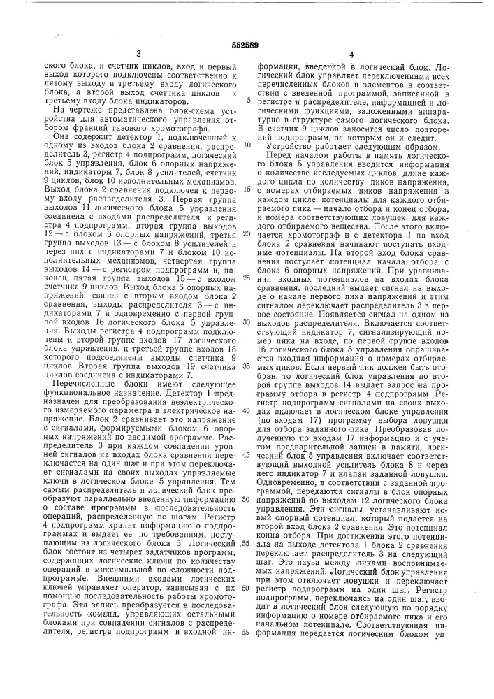 Устройство для управления отбором фракций газового хромотографа (патент 552589)