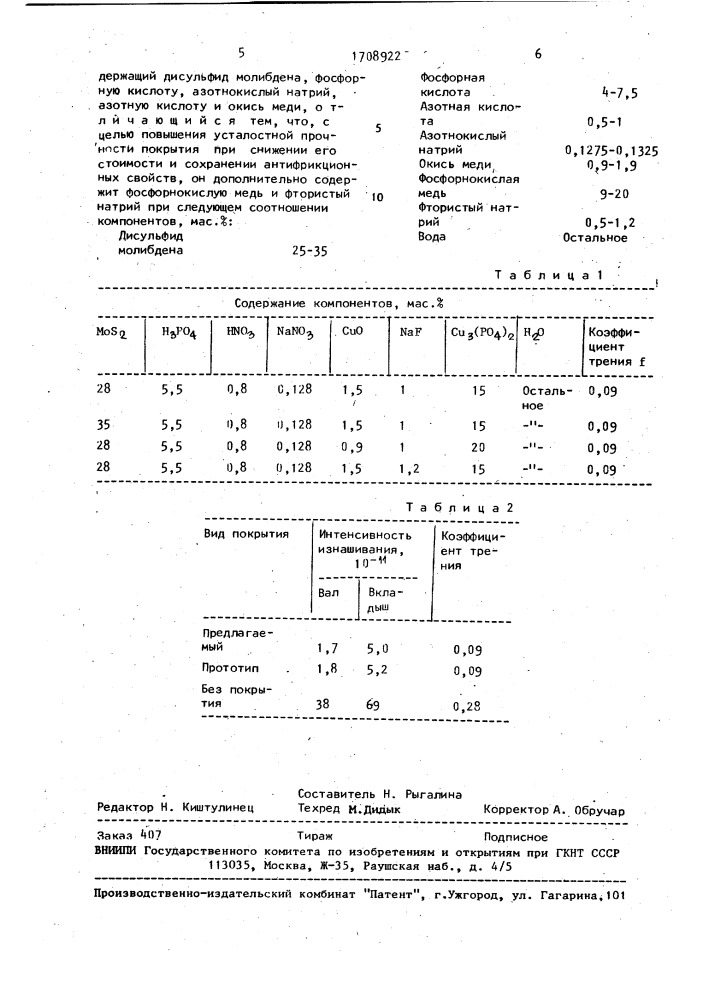 Состав для нанесения твердосмазочного антифрикционного покрытия (патент 1708922)