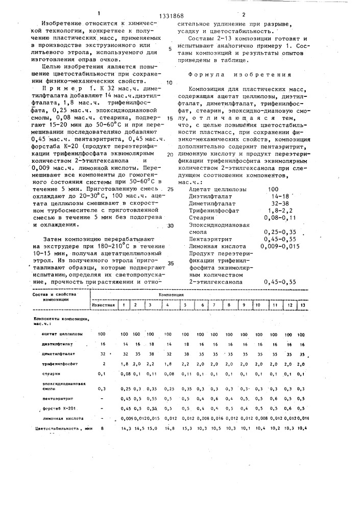 Композиция для пластических масс (патент 1331868)