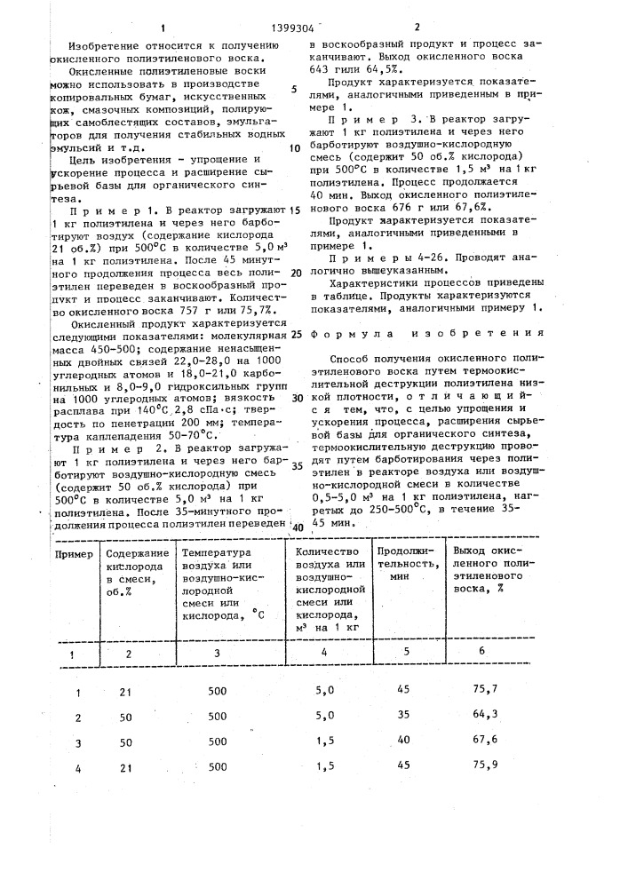 Способ получения окисленного полиэтиленового воска (патент 1399304)