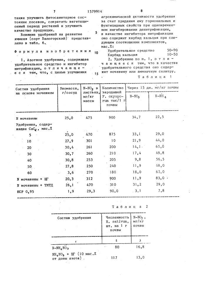 Азотное удобрение (патент 1579914)