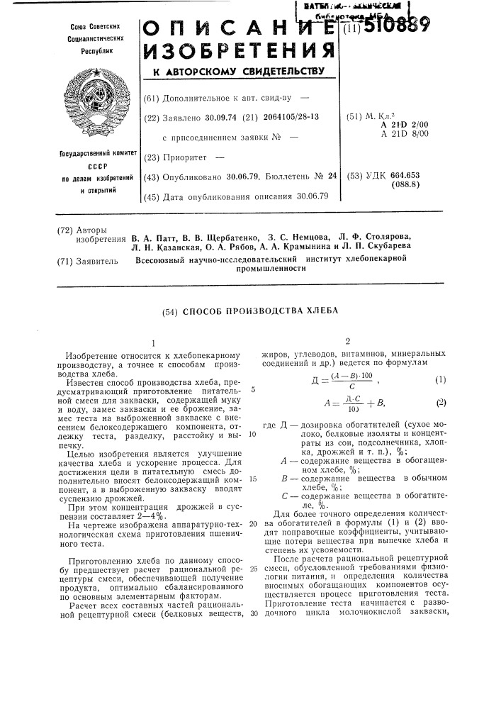 Способ производства хлеба (патент 510889)