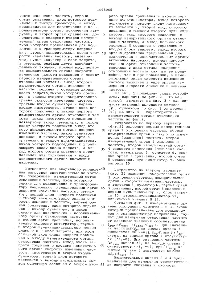 Устройство для аварийного управления нагрузкой энергосистемы по частоте (его варианты) (патент 1098065)