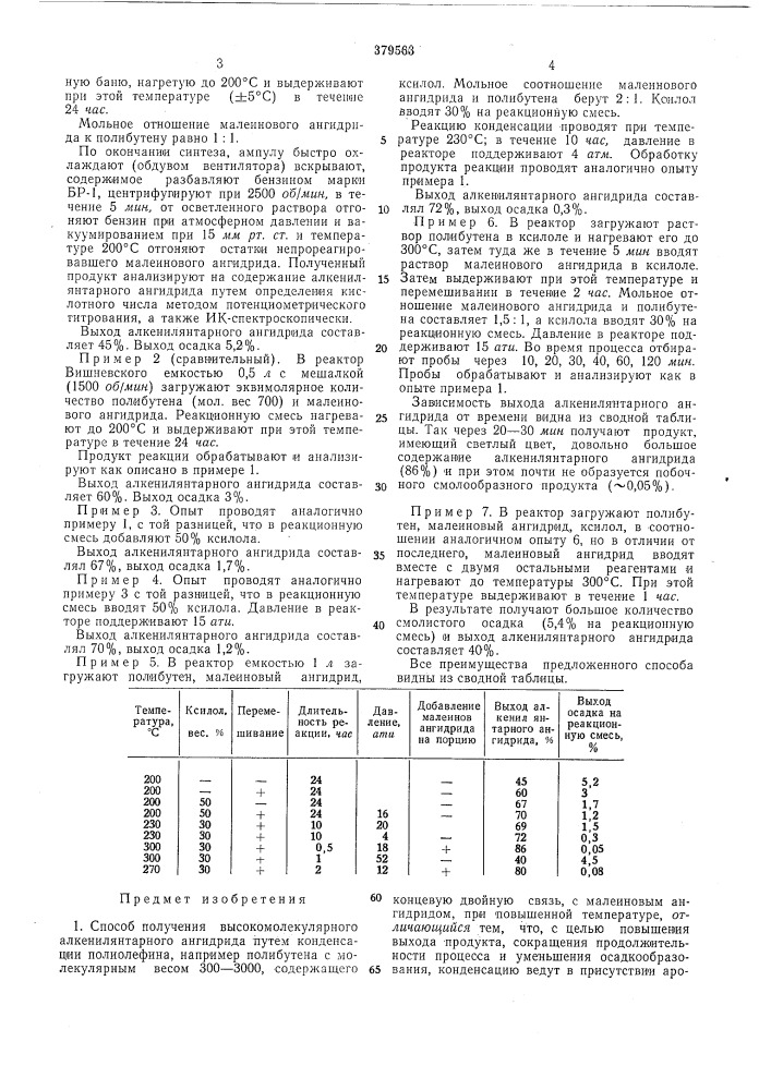 Способ получепия высокомолекулярного алкенилянтарного ангидрида (патент 379563)
