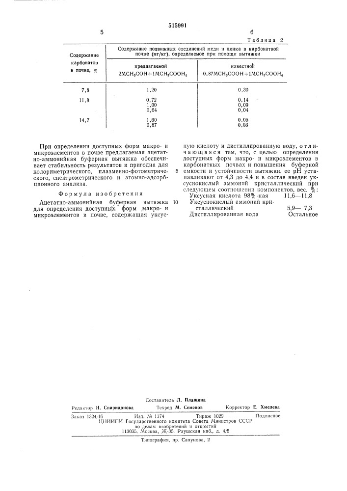 Ацетатно-аммонийная буферная вытяжка для определения доступных форм макро-и микроэлементов в почве (патент 515991)