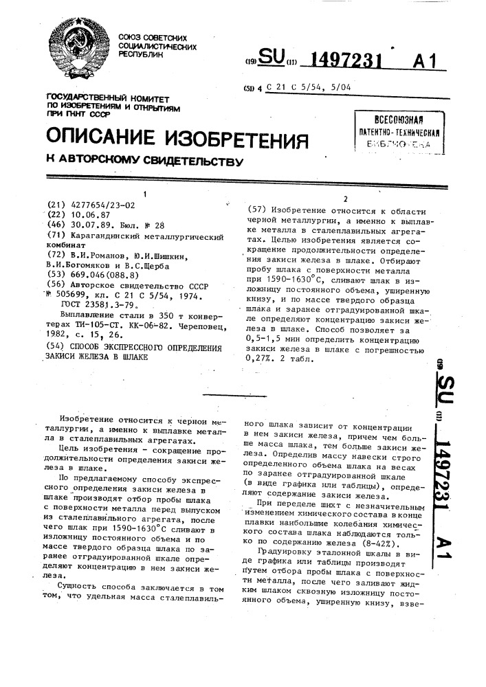 Способ экспрессного определения закиси железа в шлаке (патент 1497231)