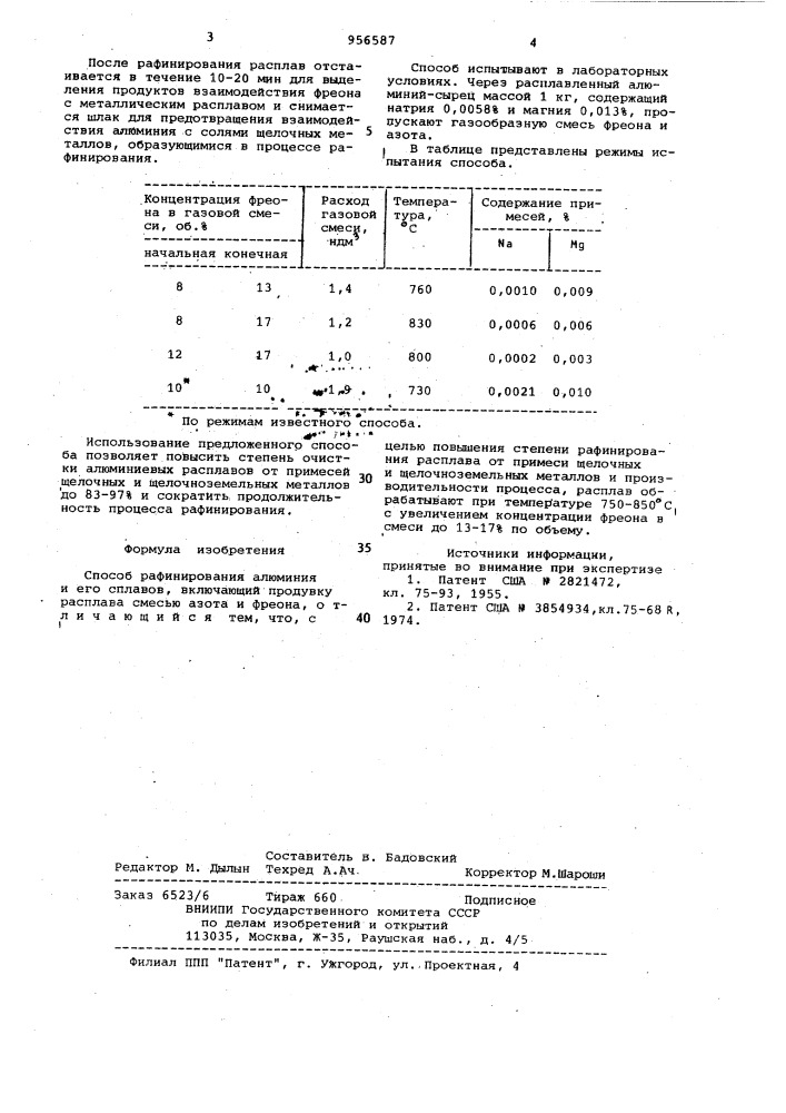 Способ рафинирования алюминия и его сплавов (патент 956587)