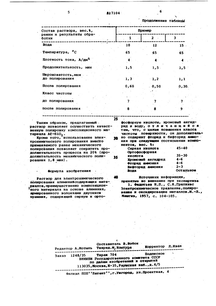 Раствор для электрохимическогополирования алюминийсодержащихматериалов (патент 817104)