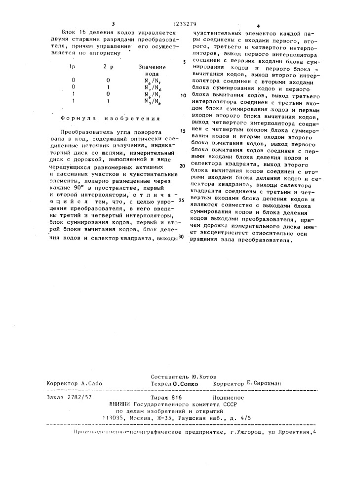 Преобразователь угла поворота вала в код (патент 1233279)