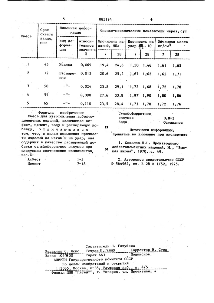 Смесь для изготовления асбестоцементных изделий (патент 885194)