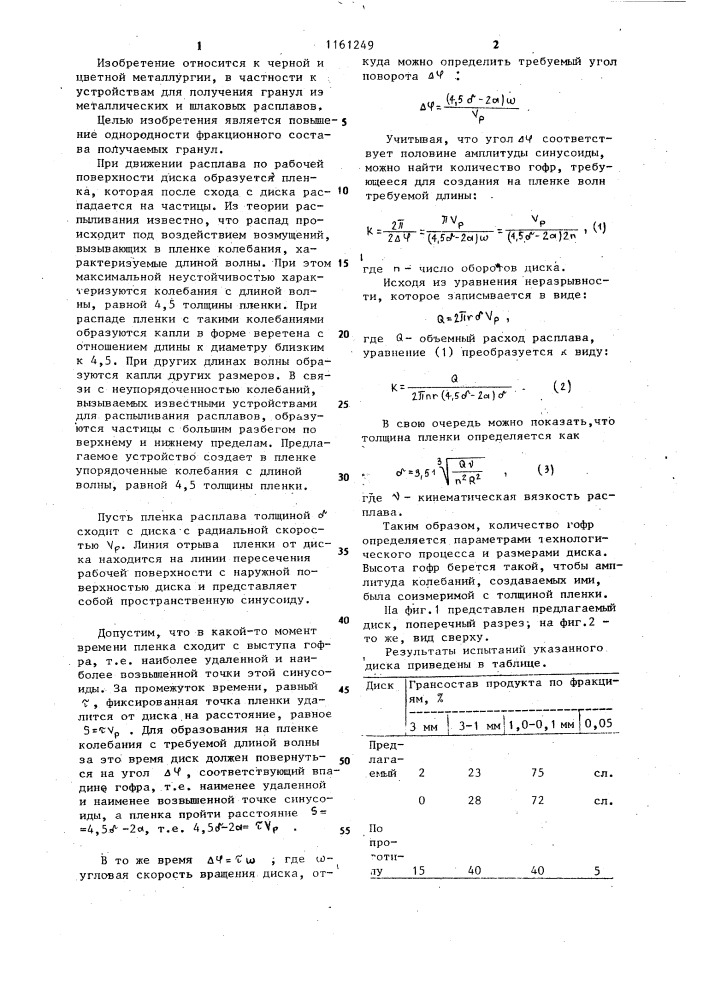 Диск для центробежного распыления расплава (патент 1161249)