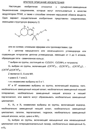 Сульфонил-замещенные бициклические соединения в качестве модуляторов ppar (патент 2384576)