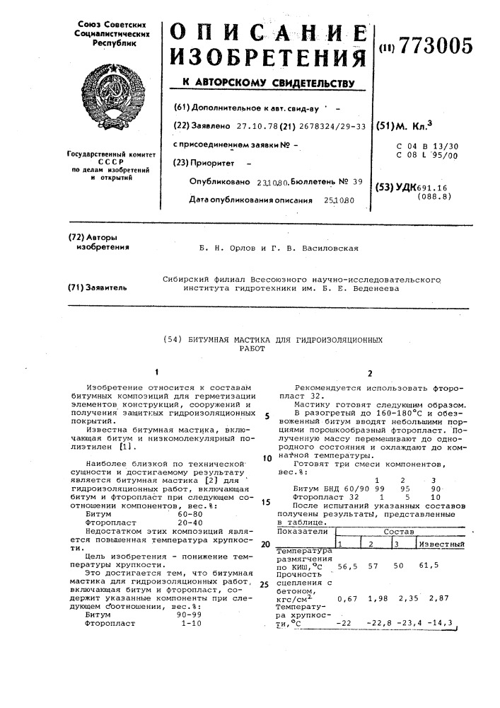 Битумная мастика для гидроизоляционных работ (патент 773005)