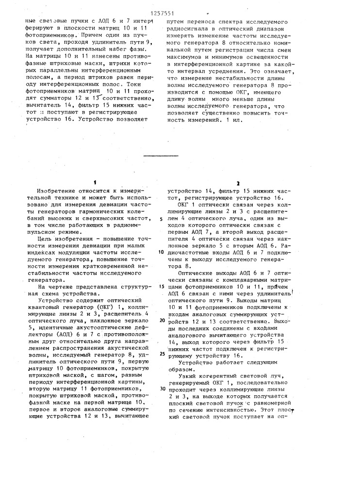 Акустооптическое устройство для измерения девиации частоты радиосигнала (патент 1257551)