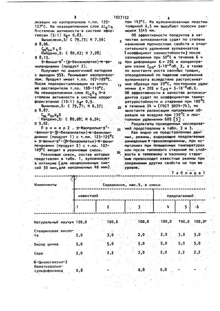 Замещенные п-фенилендиамины в качестве стабилизаторов резин на основе натурального каучука и вулканизуемая резиновая смесь на основе натурального каучука (патент 1027152)