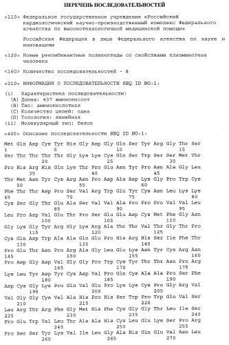 Рекомбинантный полипептид со свойствами плазминогена человека превращаться при активации в плазмин, который катализирует расщепление фибрина, фрагмент днк, кодирующий полипептид, рекомбинантная плазмидная днк для экспрессии полипептида и трансформированная клетка escherichia coli - продуцент полипептида (патент 2432396)