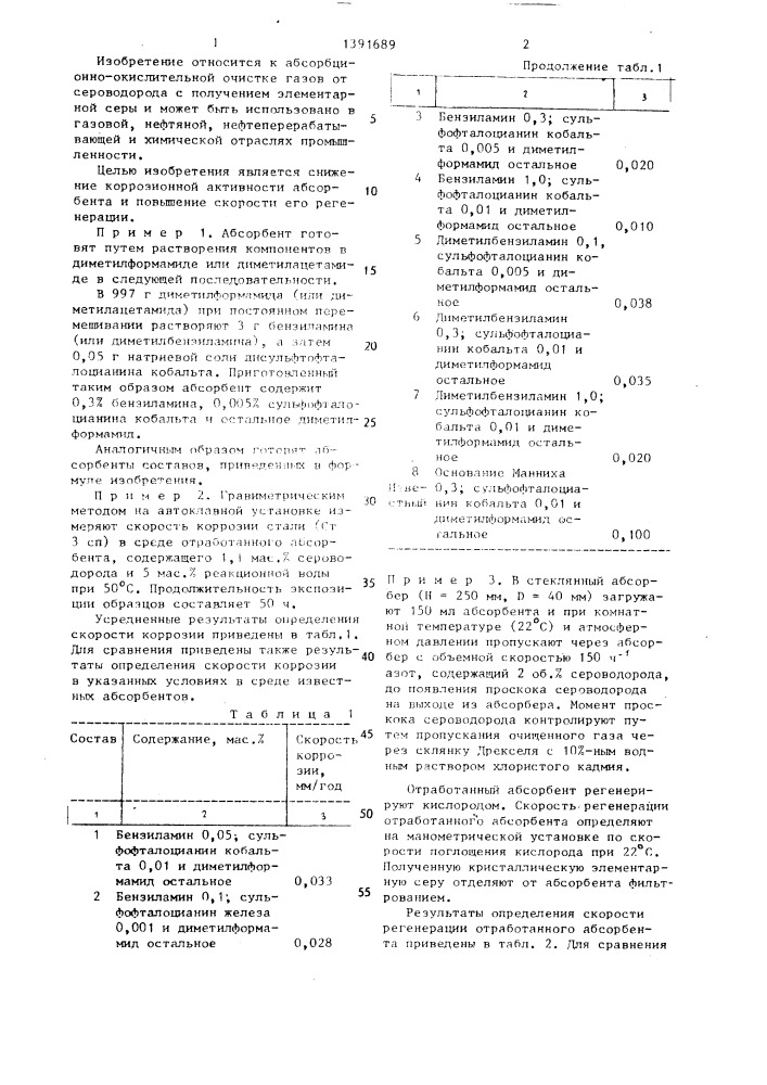 Абсорбент для очистки газов от сероводорода (патент 1391689)