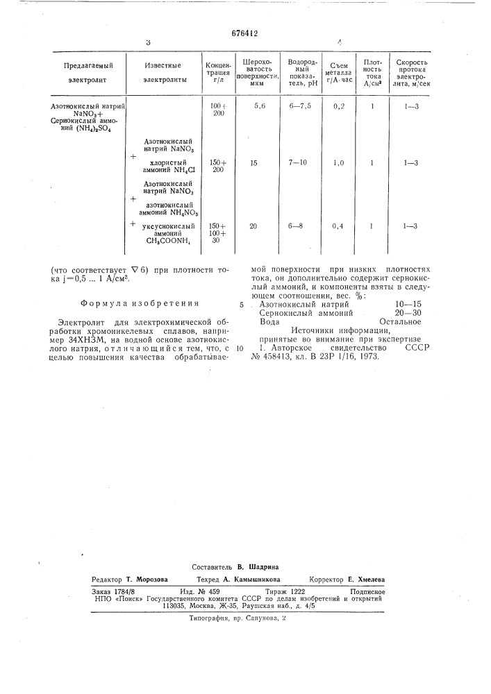 Электролит для электрохимической обработки (патент 676412)