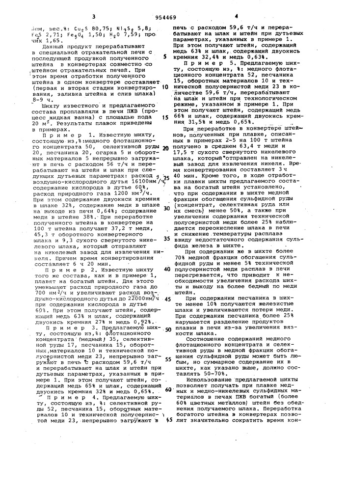 Шихта для плавки сульфидных медьсодержащих материалов (патент 954469)