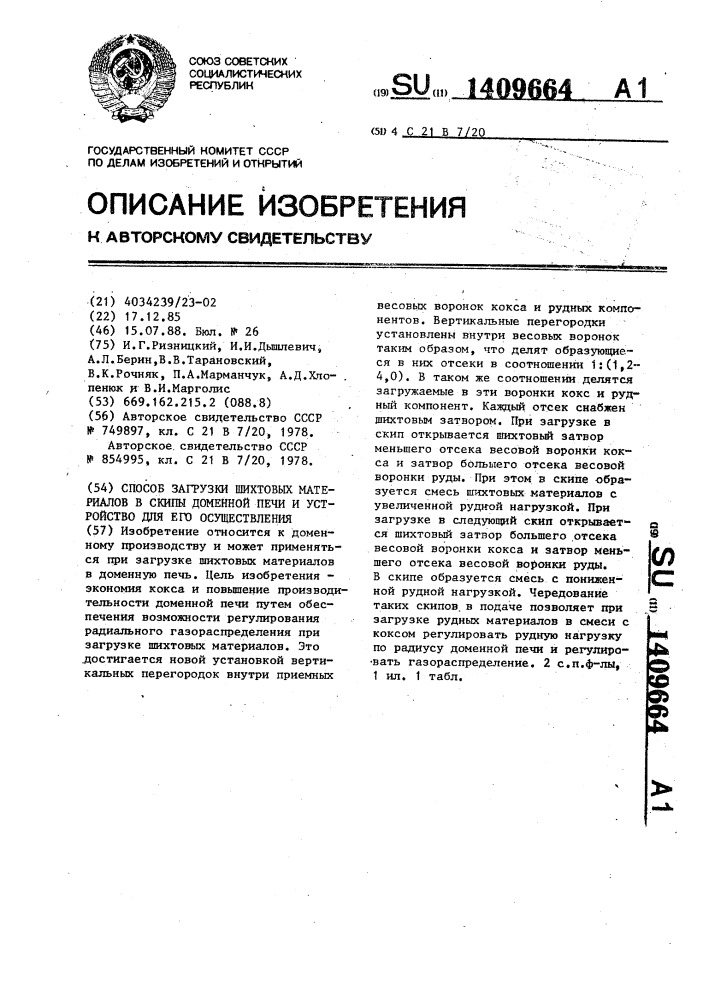 Способ загрузки шихтовых материалов в скипы доменной печи и устройство для его осуществления (патент 1409664)