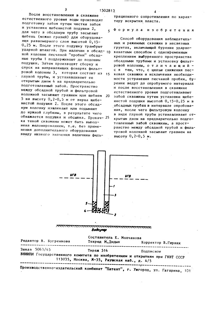 Способ оборудования наблюдательных и режимных скважин в несвязных грунтах (патент 1502813)