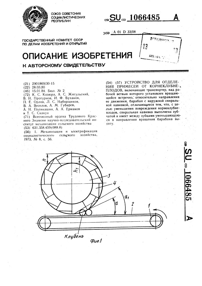 Устройство для отделения примесей от корнеклубнеплодов (патент 1066485)