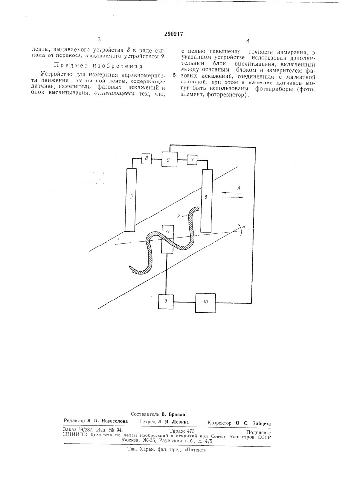Устройство для измерения неравномерности движения магнитной ленты (патент 290217)