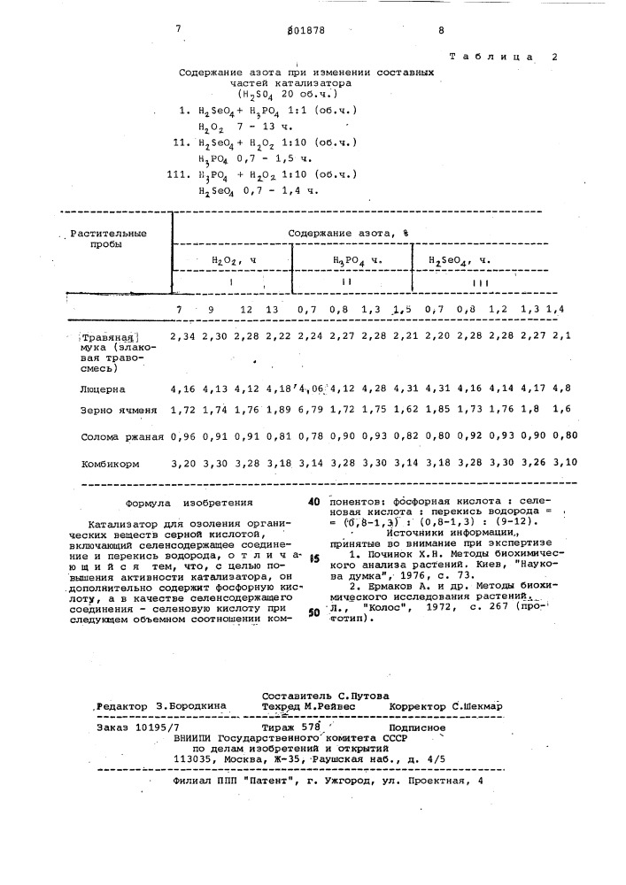 Катализатор для озоления органи-ческих веществ (патент 801878)