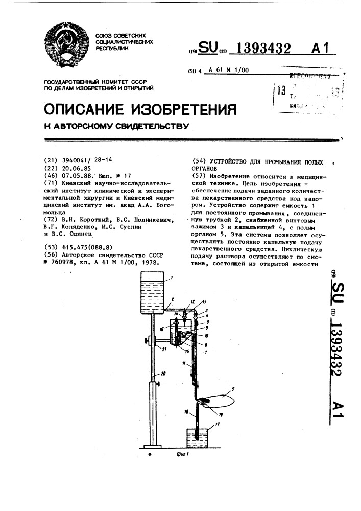 Устройство для промывания полых органов (патент 1393432)