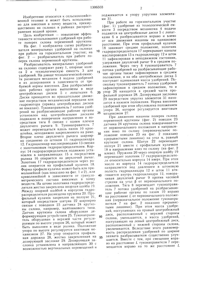 Разбрасыватель минеральных удобрений на склонах (патент 1306503)