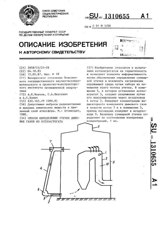 Способ определения утечки дымовых газов из котлоагрегата (патент 1310655)