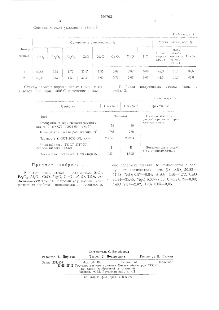 Авантюриновое стекло (патент 490763)