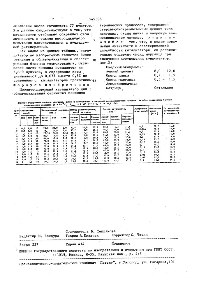 Цеолитсодержащий катализатор для облагораживания сернистых бензинов термических процессов (патент 1549586)