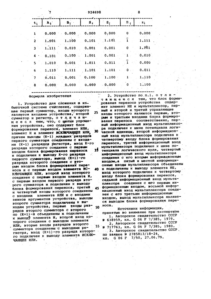 Устройство для сложения в избыточной системе счисления (патент 924698)