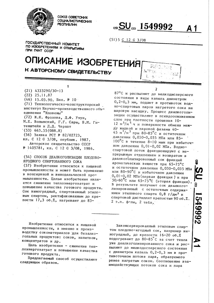 Способ деалкоголизации плодово-ягодного спиртованного сока (патент 1549992)