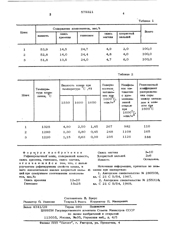 Рафинировочный шлак (патент 579321)