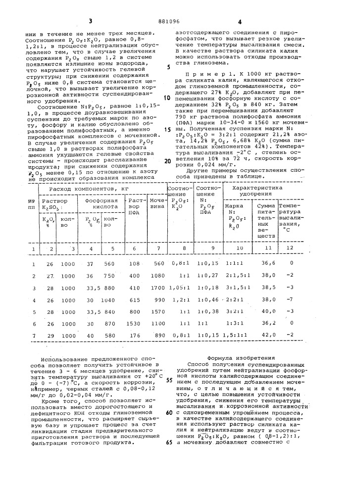 Способ получения суспендированных удобрений (патент 881096)