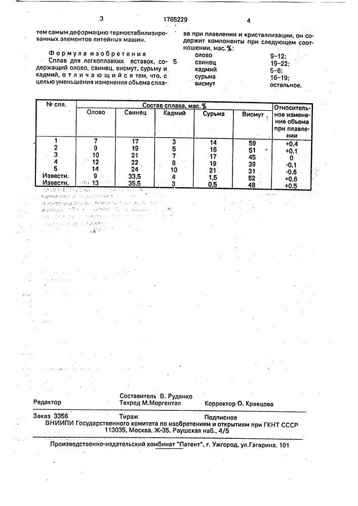 Сплав для легкоплавких вставок (патент 1765229)