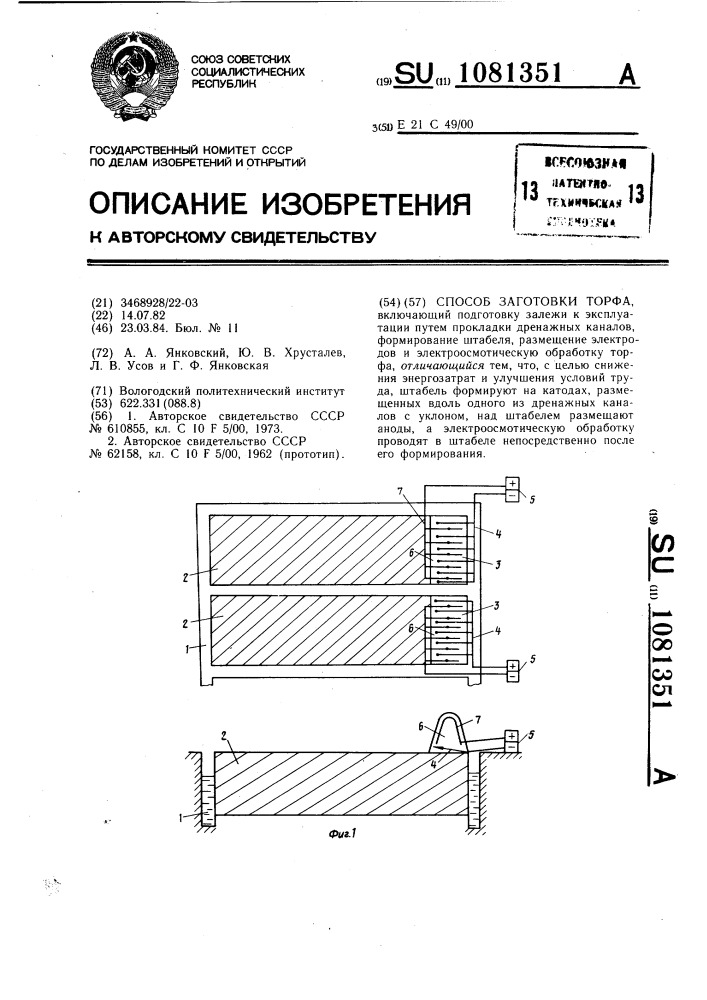 Способ заготовки торфа (патент 1081351)