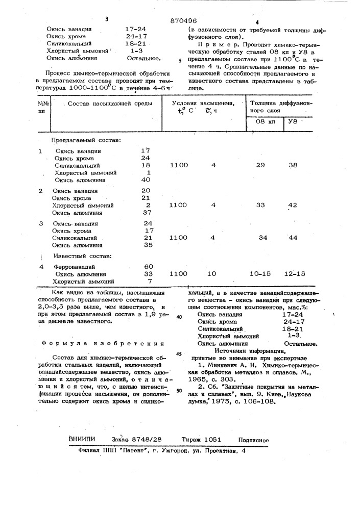 Состав для химико-термической обработки стальных изделий (патент 870496)