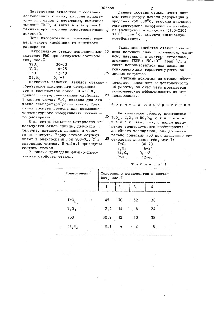 Легкоплавкое стекло (патент 1303568)