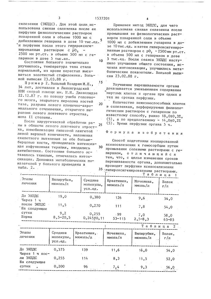 Способ подготовки изолированной ксеноселезенки к гемосорбции (патент 1537201)