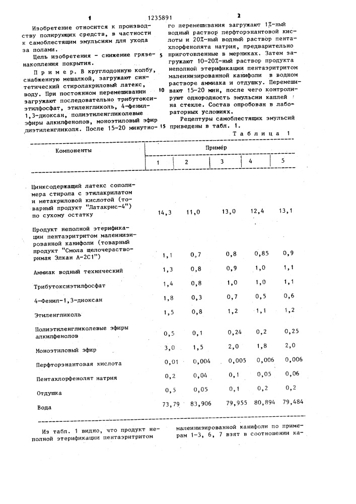 Самоблестящая эмульсия для пола (патент 1235891)