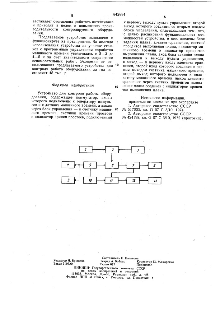 Устройство для контроля работыоборудования (патент 842884)