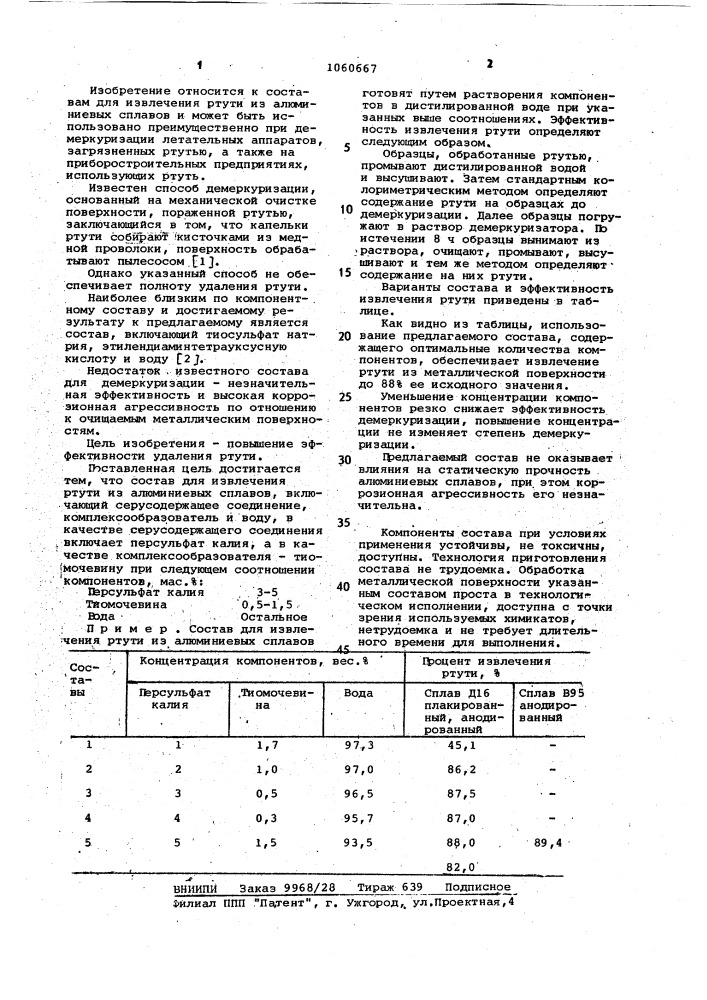 Состав для извлечения ртути из алюминиевых сплавов (патент 1060667)