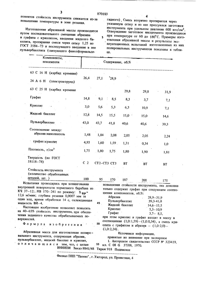 Абразивная масса для изготовления полировального инструмента (патент 870103)