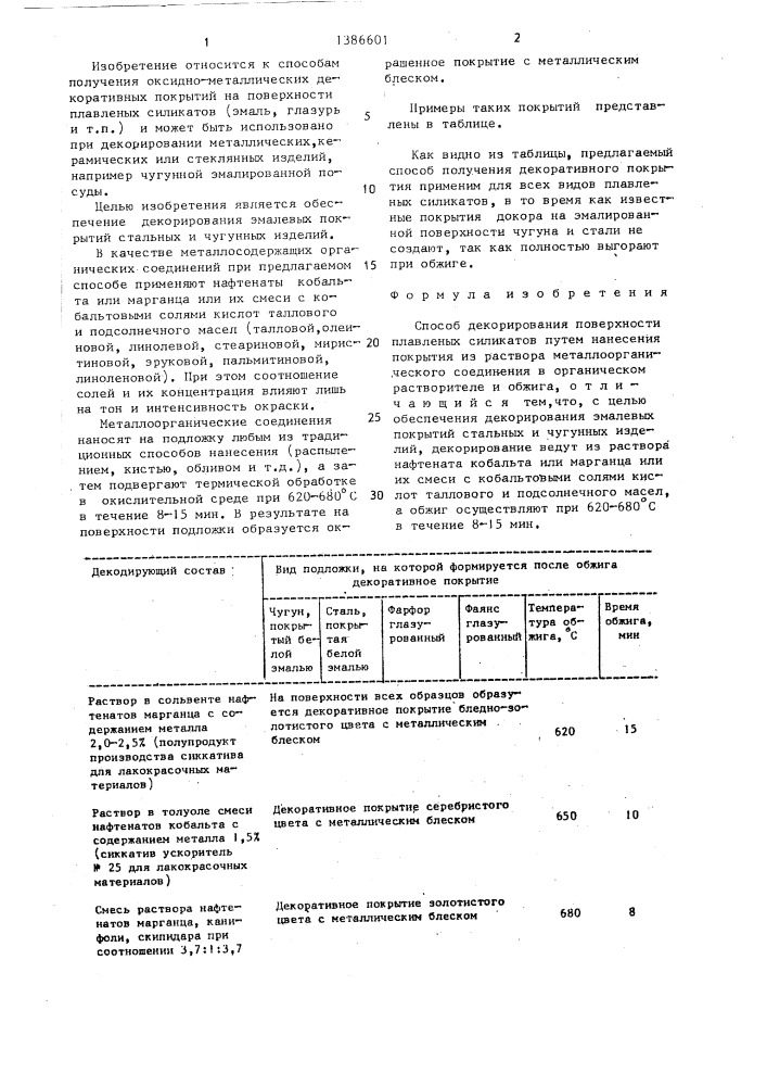 Способ декорирования поверхности плавленых силикатов (патент 1386601)