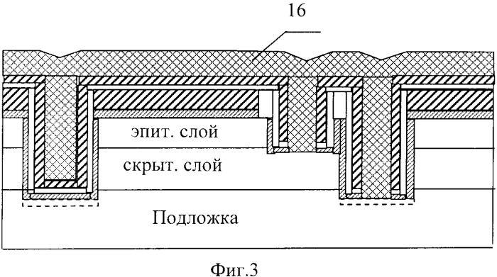 Способ самосовмещенного формирования изоляции элементов интегральных микросхем и поликремниевых контактов к подложке и скрытому слою (патент 2356127)