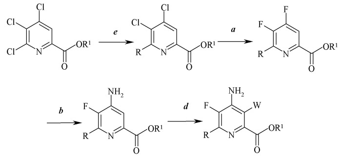 Способ получения 4-амино-5-фтор-3-галоген-6-(замещенных)пиколинатов (патент 2545074)