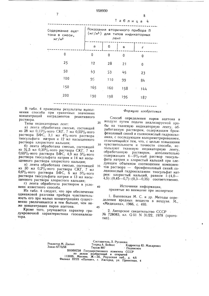 Способ определения паров ацетона в воздухе (патент 958930)